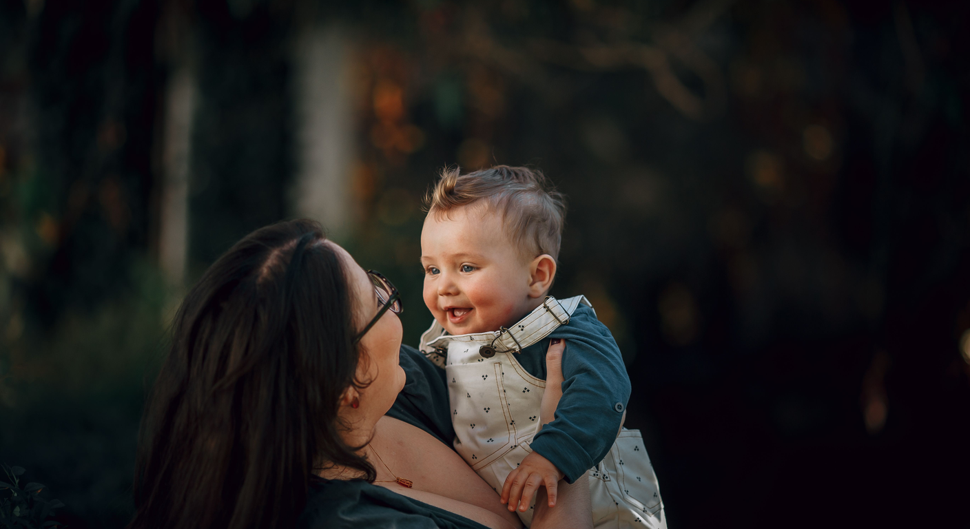 Mother and toddler playing happily together in a sunny backyard.
