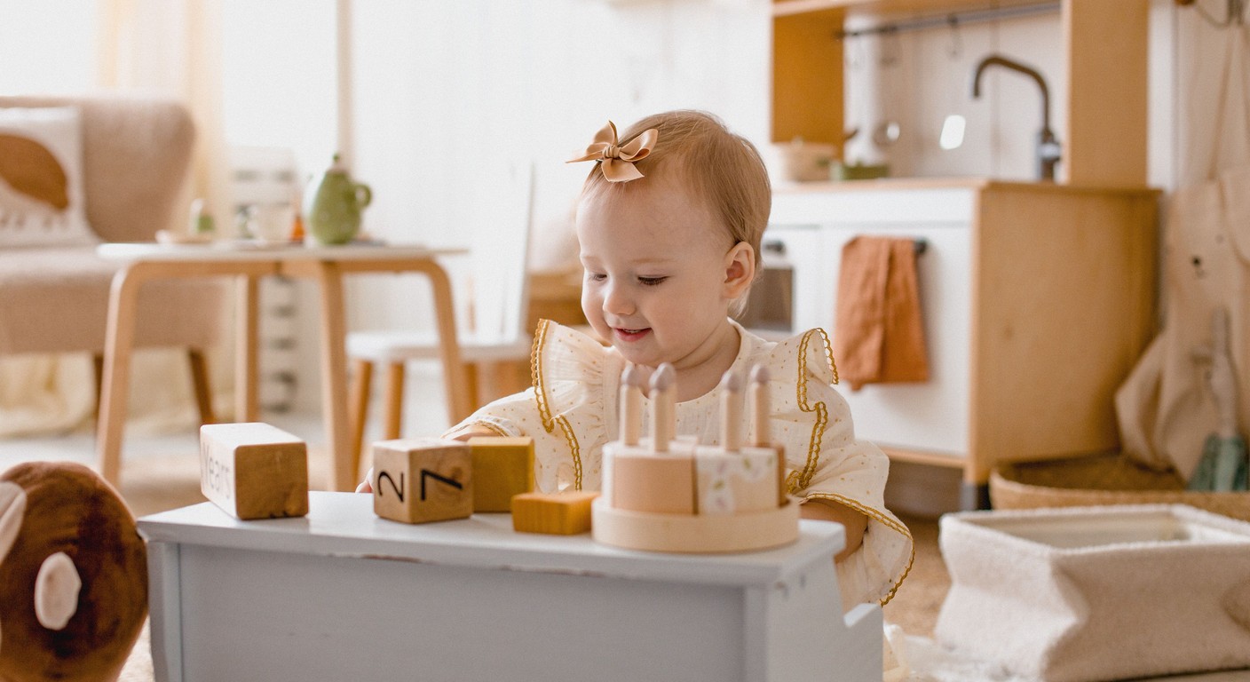 Toddler playing with a wooden toy at a small table in a warm, sunlit living room